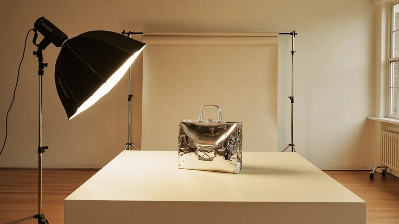 Ruhiges Fotostudio mit Aufnahmetisch, Softbox und cremefarbenem Papierhintergrund, illustrativ dargestellt