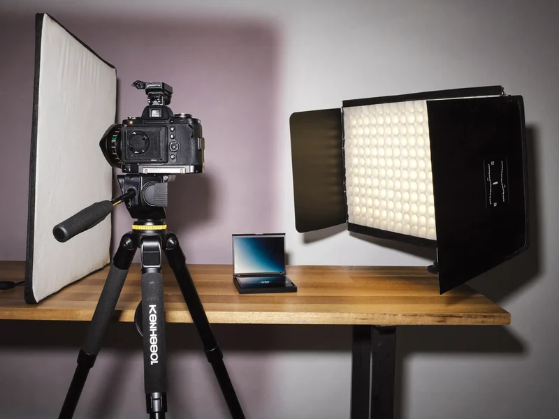 Kamera auf Stativ vor einem kleinen Tabletop-Set mit Reflektor und Diffusor